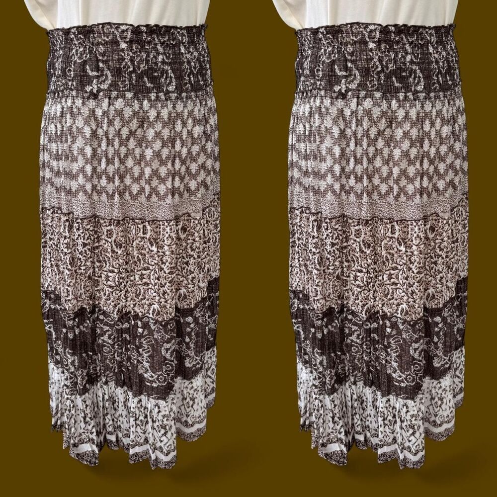 Chaudry KC Cotton Smocked Waist Brown White Print Maxi Skirt L